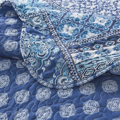 HoneiLife Rustic Quilt Sets Queen - 3 Pieces Microfiber Quilt Sets Lightweight Bedspreads Floral Coverlets Retro Bed Cover All Season Quilts-Blue