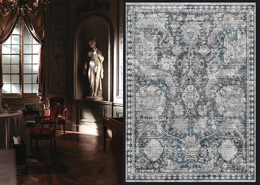 RUGSURE Washable Area Rugs - Perfect for Living Room, Bedroom, Kids Room, Nursery - Stain & Water Resistant Non-Slip, Pet & Child Friendly, Vintage Tribal Area Rugs (Grey and Blue, 3' x 5 ')