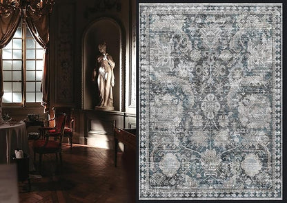 RUGSURE Washable Area Rugs - Perfect for Living Room, Bedroom, Kids Room, Nursery - Stain & Water Resistant Non-Slip, Pet & Child Friendly, Vintage Tribal Area Rugs (Grey and Blue, 8' x 10')