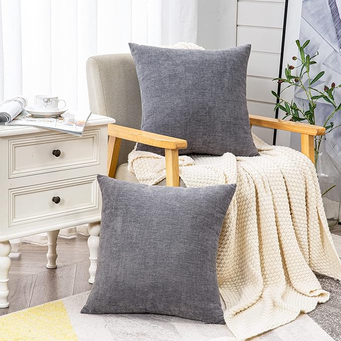 GAWAMAY Decorative Square Throw Pillow Covers 18"x18" Inch Set of 2, Super Soft Chenille Pillows Farmhouse Fall Pillowcase for Living Room Bedroom Sofa Couch Cushion Cover Grey 45x45cm (No Insert)