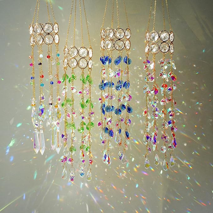 HDCRYSTALGIFTS 14.5'' Length Crystal Suncatchers, Hanging Crystals Sun Catcher with Colorful Beads Chain Rainbow Maker for Window Indoor Outdoor Home Office Garden Decoration