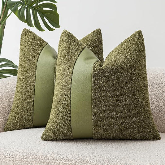 18"x18" Forest Green Boucle Throw Pillow Covers with Faux Leather Accents Set of 2 Fluffy Textured Decorative Pillow Cases for Couch Bed Boho Farmhouse Square Cushion Covers for Nordic Home