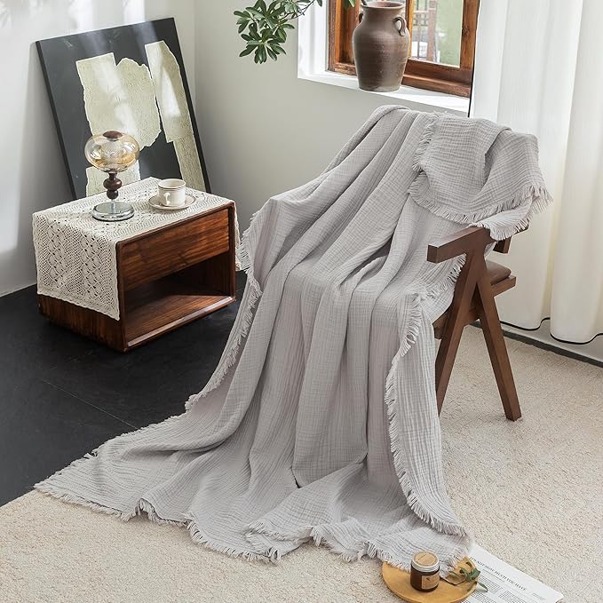 FOSSA Muslin Blanket with Fringe - 4-Layer 100% Cotton Gauze Super Soft & Breathable Throw -Lightweight Decorative Cooling Blanket for Bed, Sofa, Office -Super King Size 108" x 98" (Grayish)