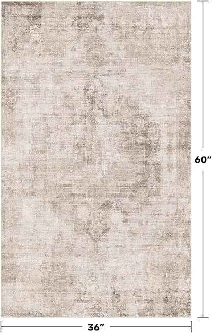 Washable Beige Brown Rugs for Entryway Indoor - 3x5 Throw Rug for Large Kitchen, Bedroom Bedside, Bathroom, Mudroom, Mordern Abstract Medallion Light Brown Décor, Non Slip Low Pile Fade Resistant