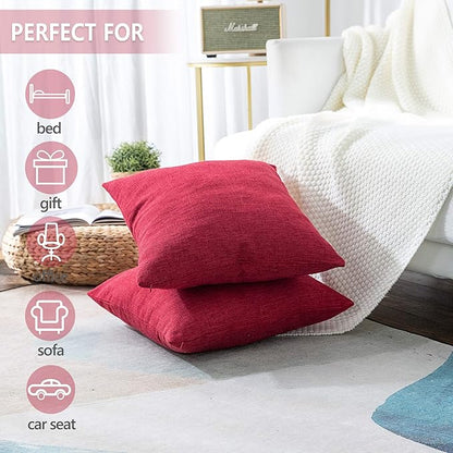 Stellhome Christmas Decorative Burlap Throw Pillow Covers Square Solid Farmhouse Decorative Linen Cushion Covers for Bed Couch Sofa Bench, 26 x 26 inch (65 cm), Red, Set of 2