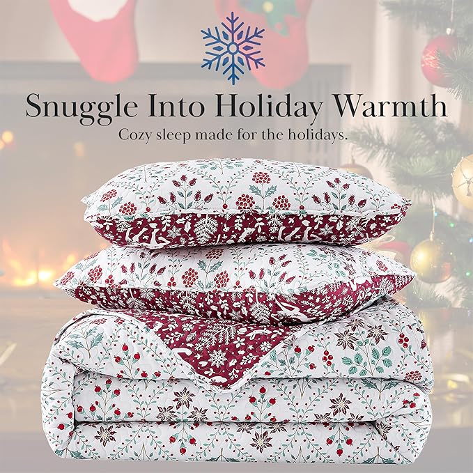 Southshore Fine Living, Inc. Red Christmas Quilt Set, King Size w/2 Pillow Shams, Reversible Christmas Bedding Set, Coverlet King Size w/Snowflakes, Reindeer, Holly - Vintage Red & Cream