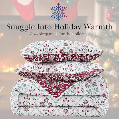 Southshore Fine Living, Inc. Red Christmas Quilt Set, King Size w/2 Pillow Shams, Reversible Christmas Bedding Set, Coverlet King Size w/Snowflakes, Reindeer, Holly - Vintage Red & Cream