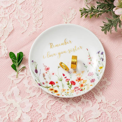 Crisky Jewelry Ring Dish for Sister Birthday Gifts, Thinking of You Gift for Sister Thanksgiving Day Christmas Graduation Gift Ideas (I Love You Sister) Floral Thrinket Tray