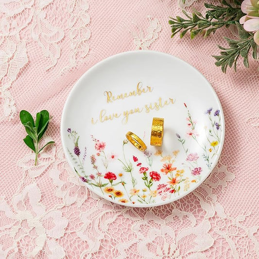 Crisky Jewelry Ring Dish for Sister Birthday Gifts, Thinking of You Gift for Sister Thanksgiving Day Christmas Graduation Gift Ideas (I Love You Sister) Floral Thrinket Tray
