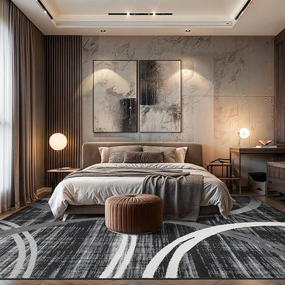 Rugshop Modern Wavy Circles Design Area Rug, Carpet with Jute Backing for Living Room, Dining Room, or Office, Black, 7'10" x 10'2"