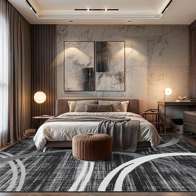 Rugshop Modern Wavy Circles Design Area Rug, Non-Shedding Carpet for Living Room, Primary Bedroom, or Dining Room, Grand Room,Open Spaces Black, 10' x 14'