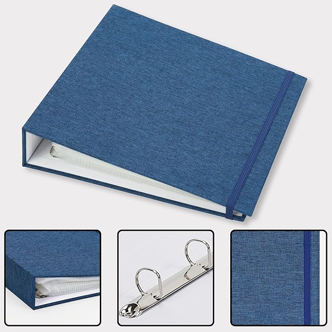 Vienrose Linen 3-Ring Photo Album Holds 250 Photos, 200 4x6 Photos and 50 6x8 Pictures, Picture Album with Multiple Size Pockets, Memory Book for Family Wedding Anniversary Baby, Blue