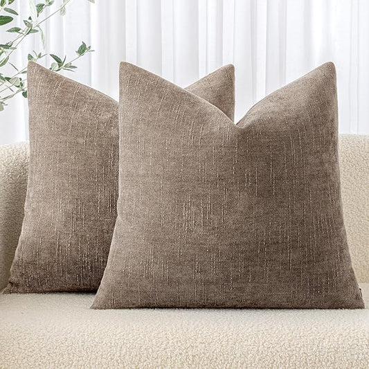 MIULEE 26x26 Inch Euro Sham Chenille Throw Pillows Set of 2 Soft Accent Taupe Grey Neutral Farmhouse Textured Cushion Covers for Bed Sofa Bedroom Living Room