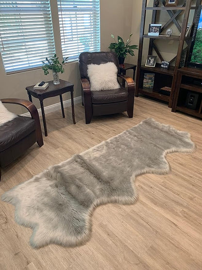 LAMBZY Faux Sheepskin Super Soft Hypoallergenic Silky Shag Rug for Living Room, Kids Room, Sofa (Quarto 4 Pelts Side by Side 3'x8', Grey)