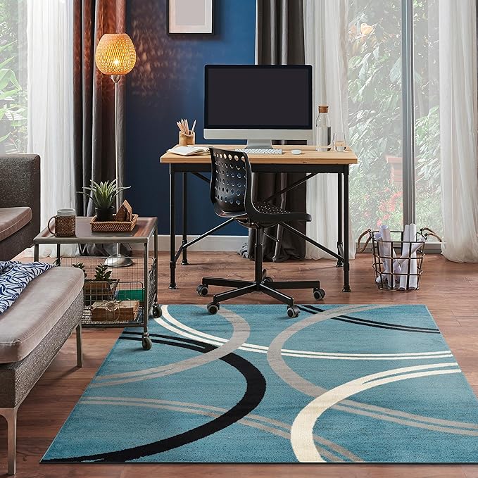 Rugshop Modern Wavy Circles Design Square Rug, Non-Shedding Carpet for Living Room, Bedroom, or Dining Room, Blue, 6'6" x 6'6"