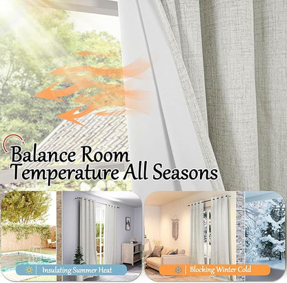 Lajode 100% Blackout Curtains for Bedroom 63 Inch Length 2 Panels, Thermal Insulated Complete Light Blocking Noise Reducing Linen Window Curtains for Nursery, Bronze Grommet, Each 52" Wide, Light Grey