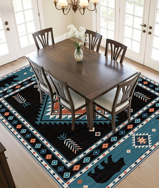 Native Amrican Rug 5x6 - Southwestern Bear Cabin Area Rugs for Bedroom Living Room, Rustic Bohemian Machine Washable | Non-Slip | Soft Carpets, Southwest Room Decor (Teal Orange Black)