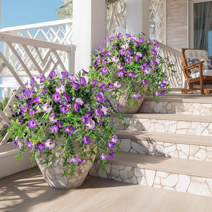 Artificial Flowers Artificial Petunias for Outdoors 2PCS Artificial Hanging Plants Outdoors Silk Flowers with Stems Outdoor Flowers Uv Resistant for Porch Decor Terrace Decor（Purple with Pot）