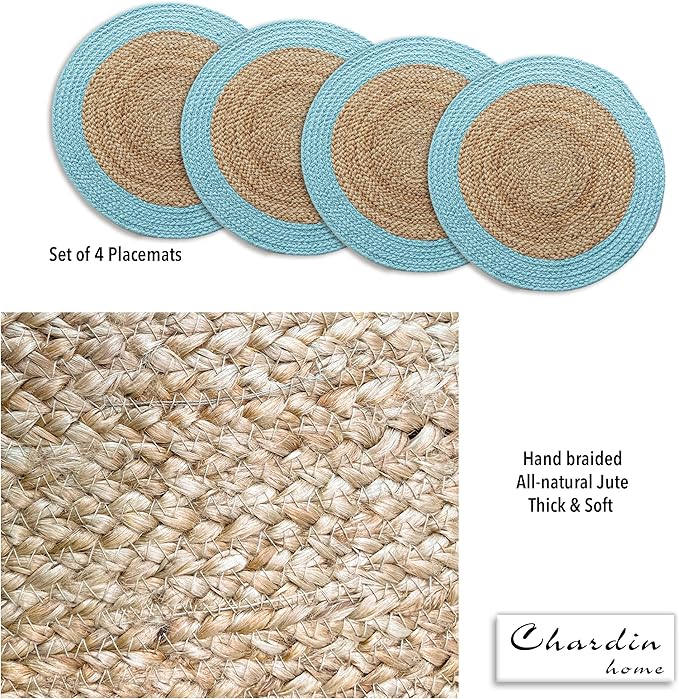 Chardin home Round Verona Woven Jute & Cotton Braided PLACEMAT (Set of 4), Size -15” Round, Color - Natural Jute with Aqua Blue Border.