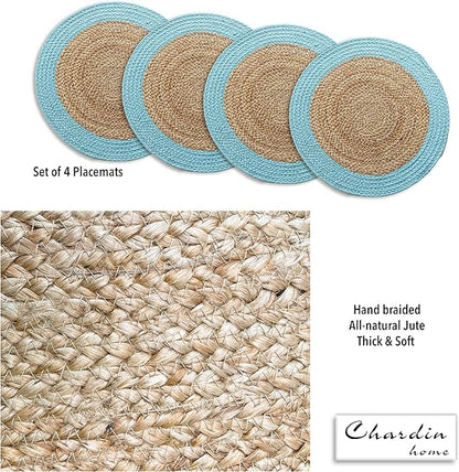 Chardin home Round Verona Woven Jute & Cotton Braided PLACEMAT (Set of 4), Size -15” Round, Color - Natural Jute with Aqua Blue Border.