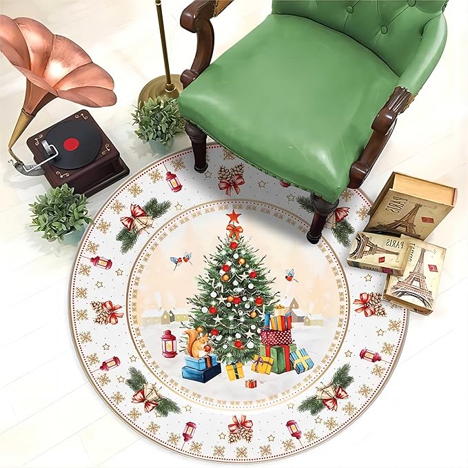 Christmas Area Rug, 3.3ft, Round Christmas Rug, Merry Christmas Rug, Living Room Christmas Decoration, Soft Non-Slip Floor Round Mat, Suitable for Living Room Bedroom Sofa
