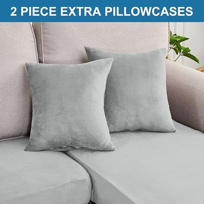 Couch Cover 4-Piece Elastic Velvet Couch Cushion Covers & Chaise Slipcovers for L-Shaped Sofas, Sofa Seat Covers Washable, Soft Cover for Couches (3 Seater + Chaise, Light Grey)