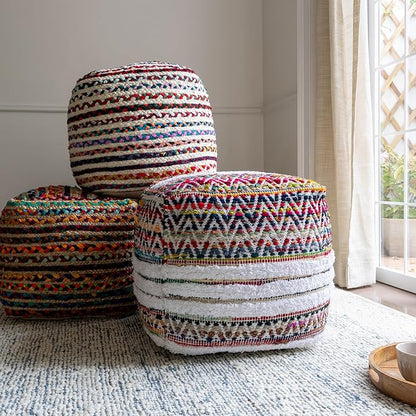 L. R. Resources, Inc. LR Home Multi/White Bohemian Chevron Hand-Made Cotton Blend Ottoman Pouf for Home Decor | Foot Rest for Bedroom & Living Room Decor | 18 x 18 x 18 Stuffed Ottoman for Seating