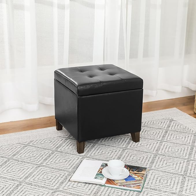 Adeco Black Faux Leather Storage Ottoman Bench with Solid Wood Legs, 18.8" Square Black PU Cube Foot Stool, Upholstered Button Tufted Vanity Chair with Hinged Lid for Living Room, Bedroom, Dorm