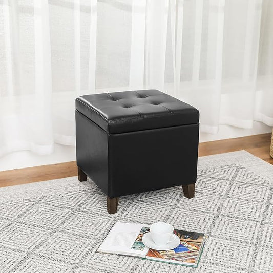 Adeco Black Faux Leather Storage Ottoman Bench with Solid Wood Legs, 18.8" Square Black PU Cube Foot Stool, Upholstered Button Tufted Vanity Chair with Hinged Lid for Living Room, Bedroom, Dorm
