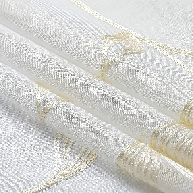 VISIONTEX Sheer Curtains 63 Inch Length 2 Panels Set Cream Beige Embroidered Floral Leaf Pattern Rod Pocket Semi Sheer Voile Window Curtains/Drapes for Bedroom Living Room 54 x 63 Inches