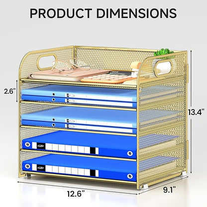 Paper Organizer Letter Tray with Handle Mesh 5 Trays Desk File Organizer Paper Sorter Desk Organizer for Office, Home or School-Gold