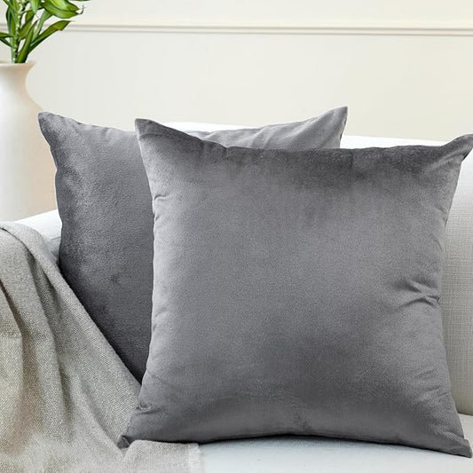 Encasa XO Velvet Throw Pillow Covers 16x16 in (40x40 cm) - Grey - No Inserts, Pack of 2 Cases | Solid Plain Dyed Soft & Smooth, Square Decorative Cushion Covers for Living & Bedroom