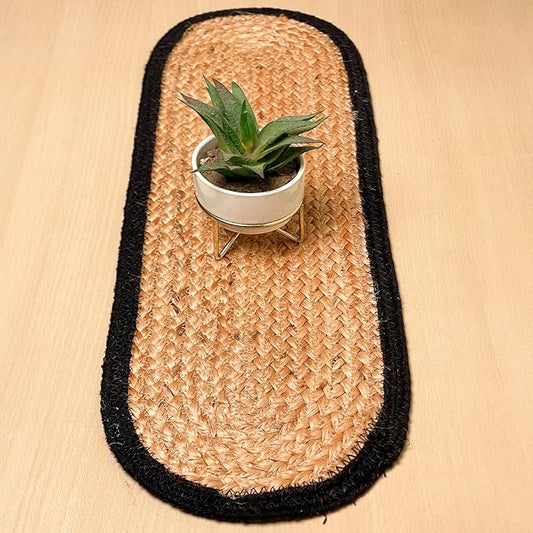 CHARDIN HOME Verona Oval Woven Jute & Cotton Braided Table Runner, Size -8 x 24 Inches, Color - Natural Jute with Black Border