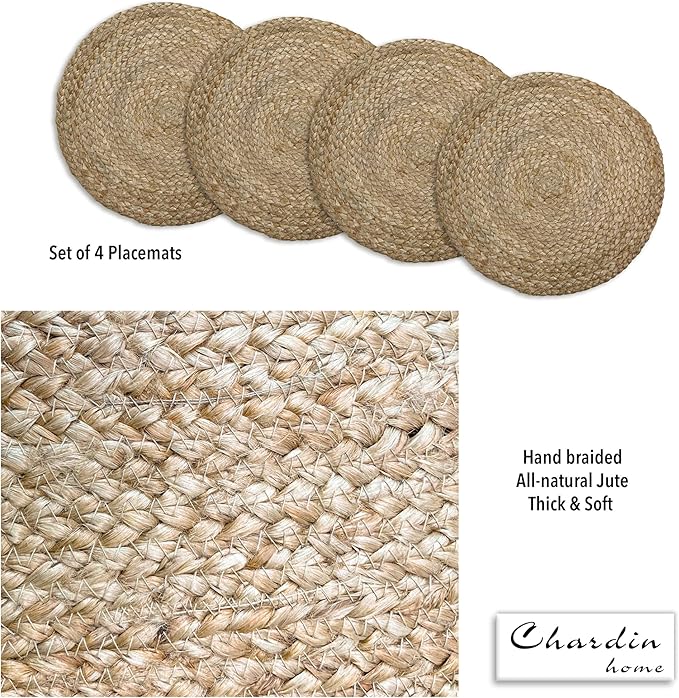 CHARDIN HOME Round Woven Jute Braided Set of 4 PLACEMATS | 14 inch Round Farmhouse Table mats | All Natural Jute for