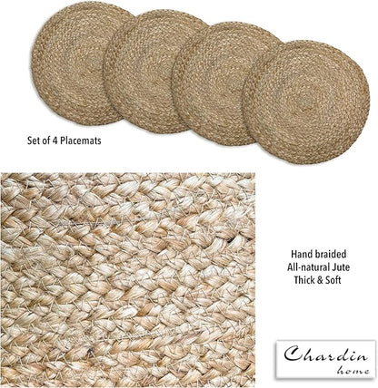 CHARDIN HOME Round Woven Jute Braided Set of 4 PLACEMATS | 14 inch Round Farmhouse Table mats | All Natural Jute for