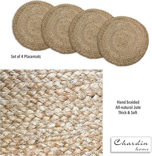 CHARDIN HOME Round Woven Jute Braided Set of 4 PLACEMATS | 14 inch Round Farmhouse Table mats | All Natural Jute for