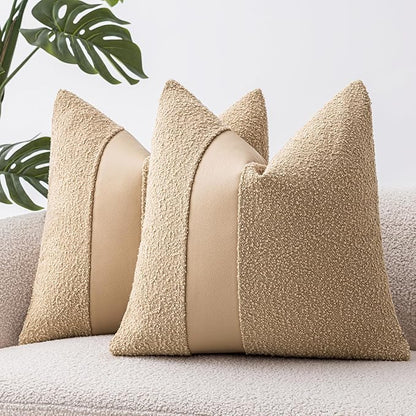 24"x24" Khaki Boucle Pillow Covers with Faux Leather Accents Set of 2 Fluffy Textured Decorative Throw Pillow Cases for Couch Bed Boho Farmhouse Square Cushion Covers for Home Décor