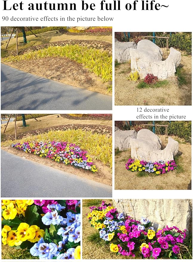 Fake Flowers Pansy African violets Small Wild Flower Daisy 9 Bundles Faux Plastic Purple Flowers for Home Wedding Kitchen Garden Table Centerpieces Indoor Outdoor Decor (9Pcs Yellow pink purple)