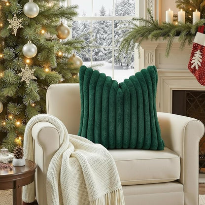 decorUhome Faux Fur Spring Throw Pillow Covers 12x20 Set of 2, Decorative Soft Plush Striped Lumbar Neutral Couch Pillow Covers with Velvet Back for Sofa, Bed, Living Room Home, Christmas Green