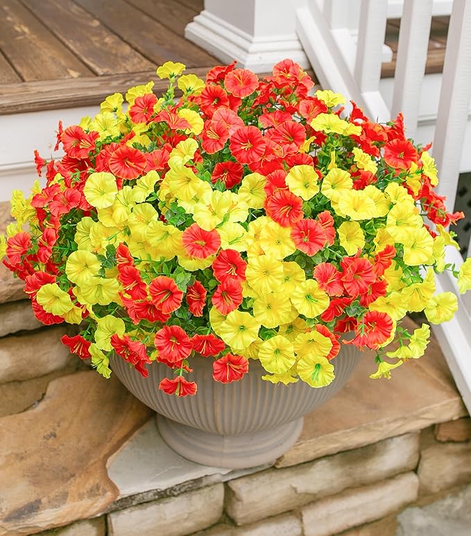 HyeFlora Artificial Flowers for Outdoors Fake Plants Outside Decoration, 12 Bundles Silk Colorful Morning Glory with Eucalyptus UV Resistant Realistic Faux Flowers for Planter Porch Patio Yard Garden