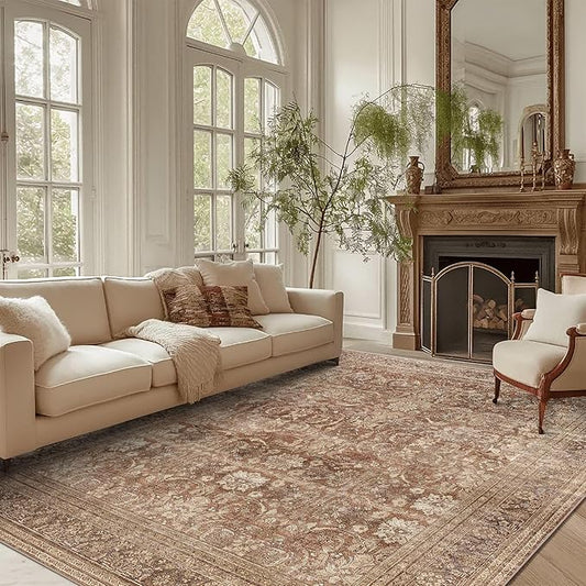 vivorug 8x10 Area Rugs for Living Room, Non-Slip Backing Washable Rug 8x10, Large Area Rug Soft Carpet for Bedroom Dining Room, Vintage, Easy Clean, Durable, Low Pile Rug Under Table, Brown