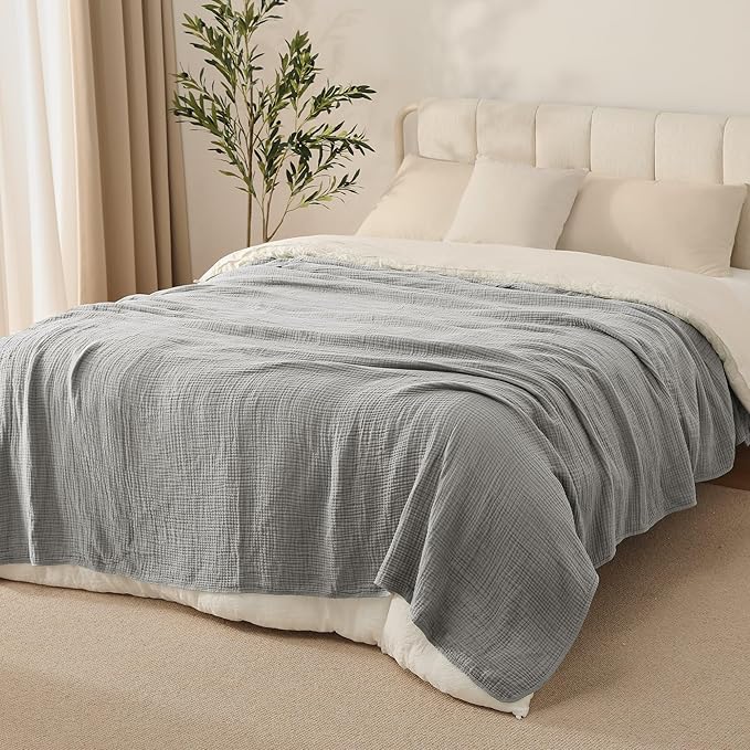 100% Cotton Muslin Blanket Queen Size 90" x 90" for Bed Couch Summer Gauze Blanket for Adults Lightweight and Breathable Grey