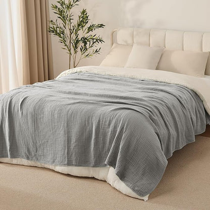 100% Cotton Muslin Blanket Queen Size 90" x 90" for Bed Couch Summer Gauze Blanket for Adults Lightweight and Breathable Grey