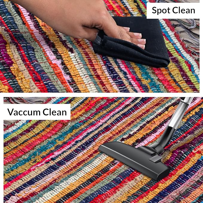 HOMEMONDE Reversible Chindi Rag Rug with Decorative Tassels | 20x32 Inches Hand-Braided Multicolor Cotton Entryway Doormat | Boho Style for Kitchen, Living Room, Bedroom, and Any Space