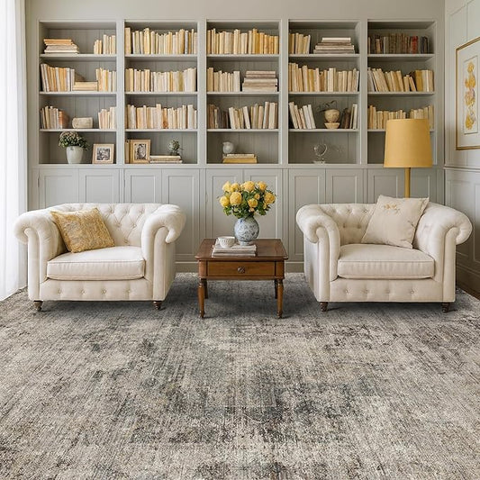 5x7 Earthy Rug for Living Room, Vintage Unique Area Rug for Bedroom Under Bed, Dining Room, Washable Non Slip Brown Gray Taupe Décor