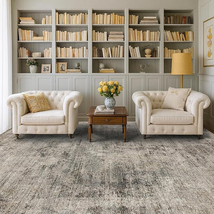 Farmhouse Brown Rugs for Living Room 8x10 - Taupe Rustic Minimalist Area Rug for Dining Room, Large Bedroom, Washable Foldable Dark Academy Décor
