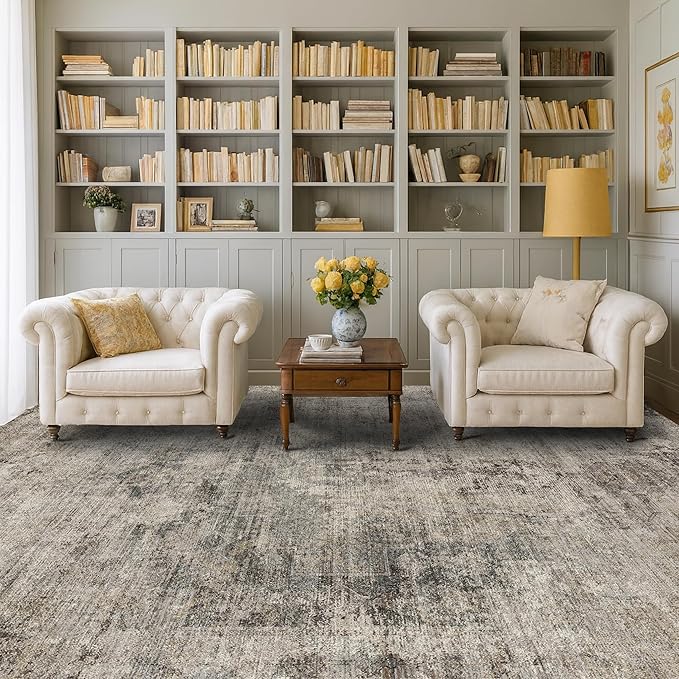 5x8 Dark Rug for Living Room, Vintage Unique Area Rug for Mudroom, Home Office, Dining Room, Washable Non Slip Brown Taupe Décor