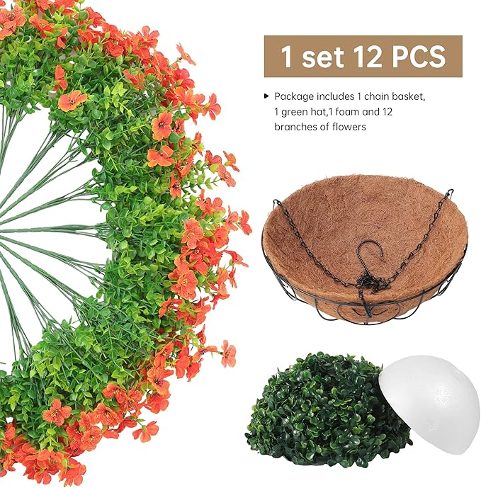Artificial Fake Hanging Plants Flowers Basket Outdoors Summer Autumn Decor, Hanging Planter with Faux Silk Daisy Flowers Realistic UV Resistant for Outside Home Porch Front Patio Balcony Garden Orange
