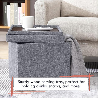 Ornavo Home Square Storage Ottoman Linen Foldable Tufted Cube Storage Ottoman Foot Rest Stool/Seat with Table Top Lid, Coffee Table Ottoman - 15" x 15" x 15" (Gray)