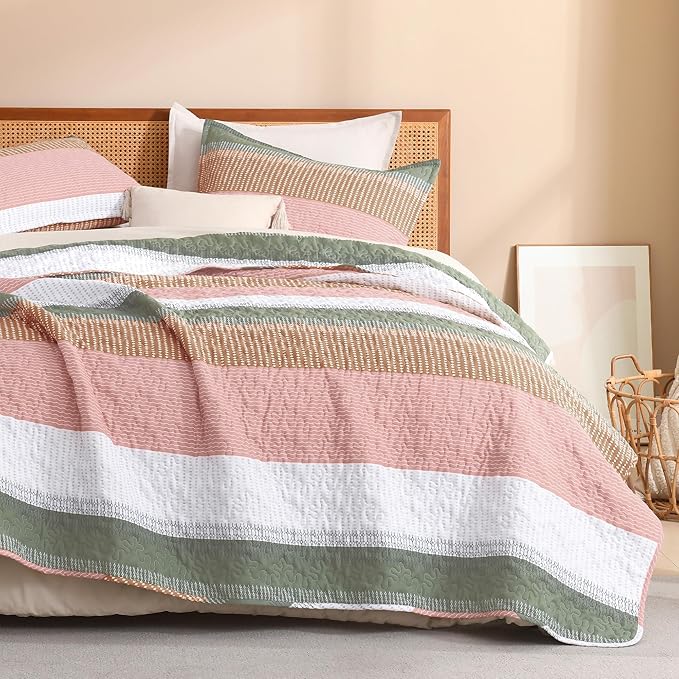 Litanika King Size Quilt Set Pink, Green and White, Orange Stripe Patchwork Summer Bedspread Coverlet 3 Pieces, Soft Lightweight Microfiber Quilt Bedding Set for All Season(1 Quilt, 2 Pillowcases)